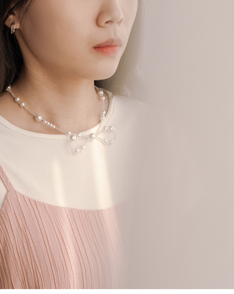 Lustrous Pearl Bow Beaded Clavicle Necklace【07040383】in stock+pre-order