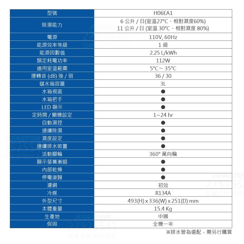 Haier海爾除濕機(H06EA1)規格表