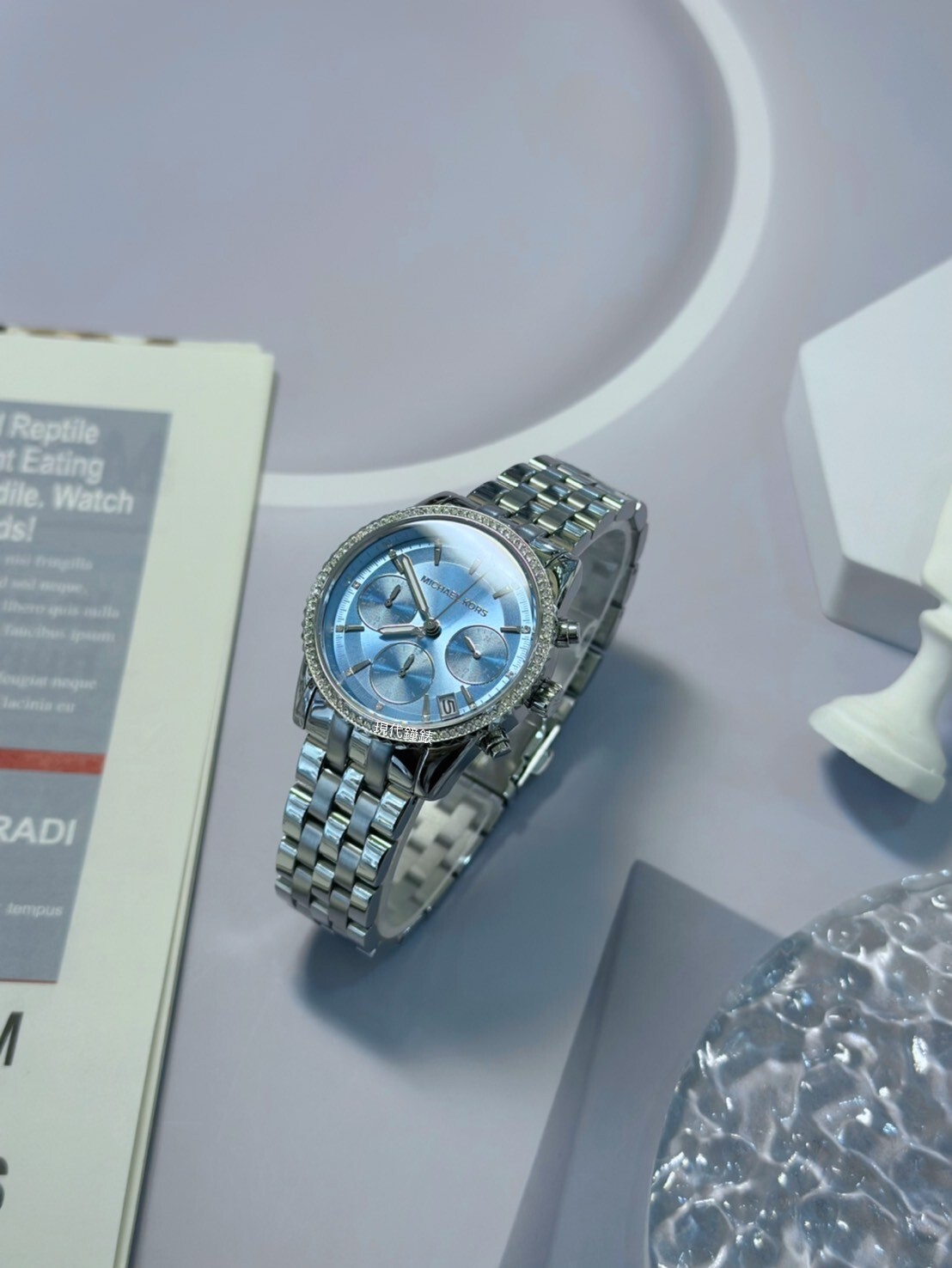 【MICHAEL KORS】Ritz 晶鑽奢華三眼女錶銀色不鏽鋼錶MK7539 35m 現代鐘錶