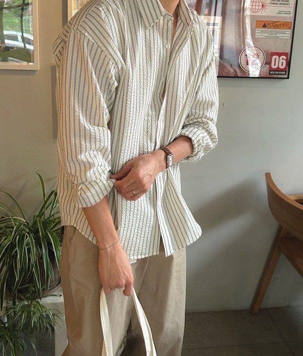 直條紋泡泡紗長袖襯衫