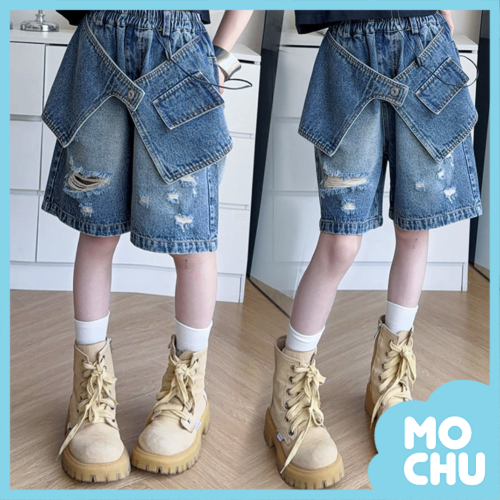 抓破假兩件牛仔寬五分褲