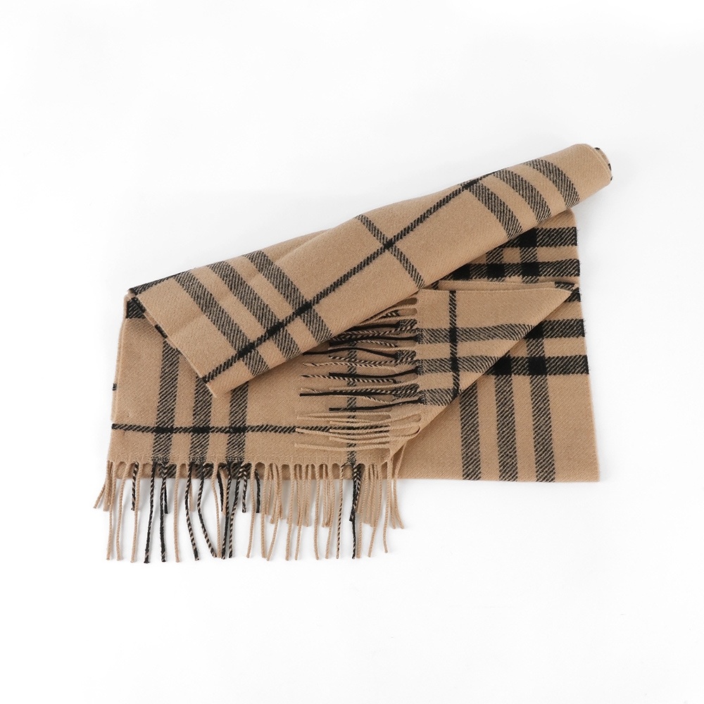 【Burberry】大格紋寬版羊毛長圍巾(駝色)