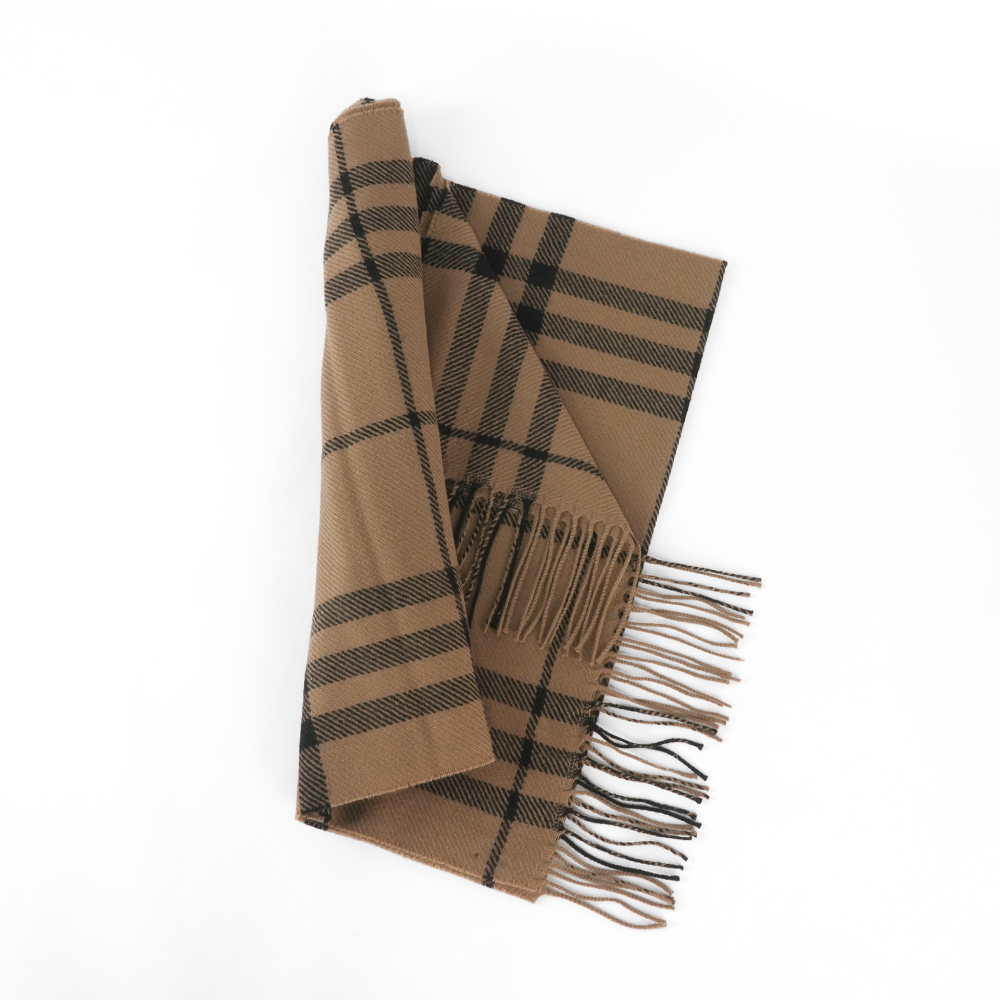 【Burberry】大格紋寬版羊毛長圍巾(奶茶色)