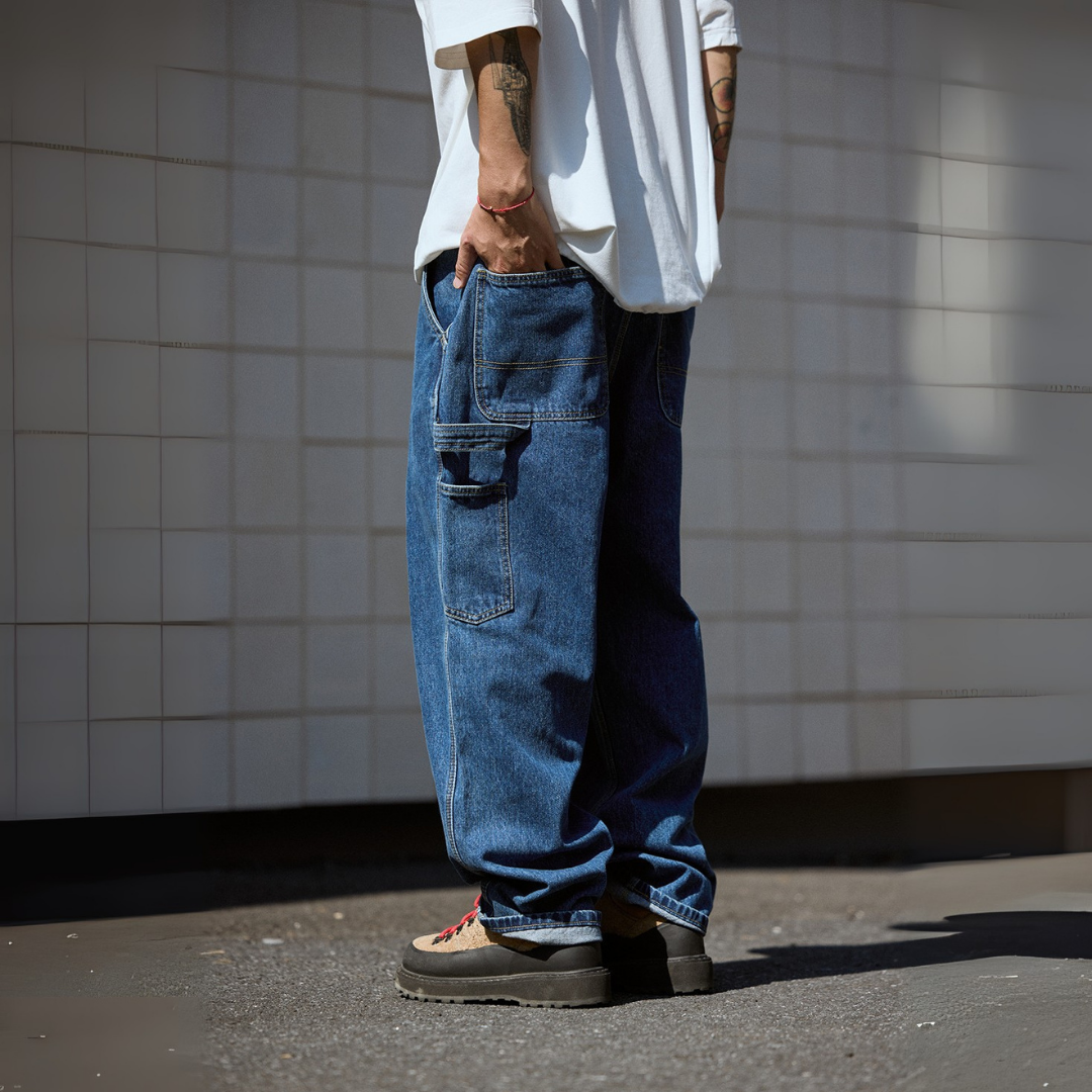 復古微錐版型水洗牛仔工裝伐木褲