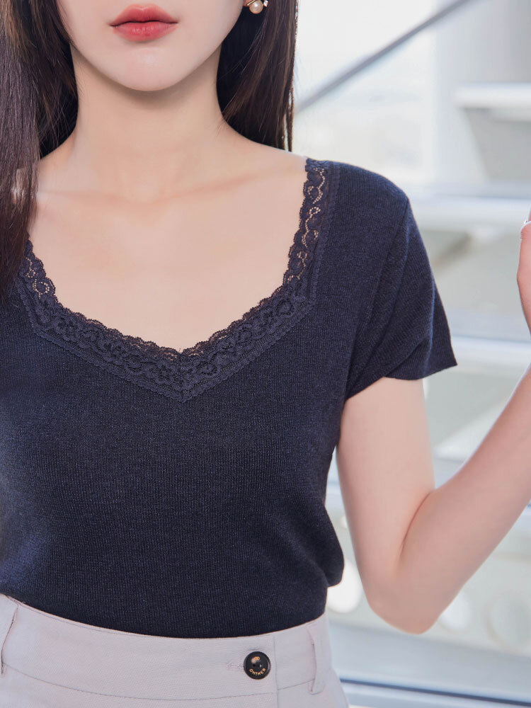 SALE500 蕾絲領邊親膚三分袖針織上衣