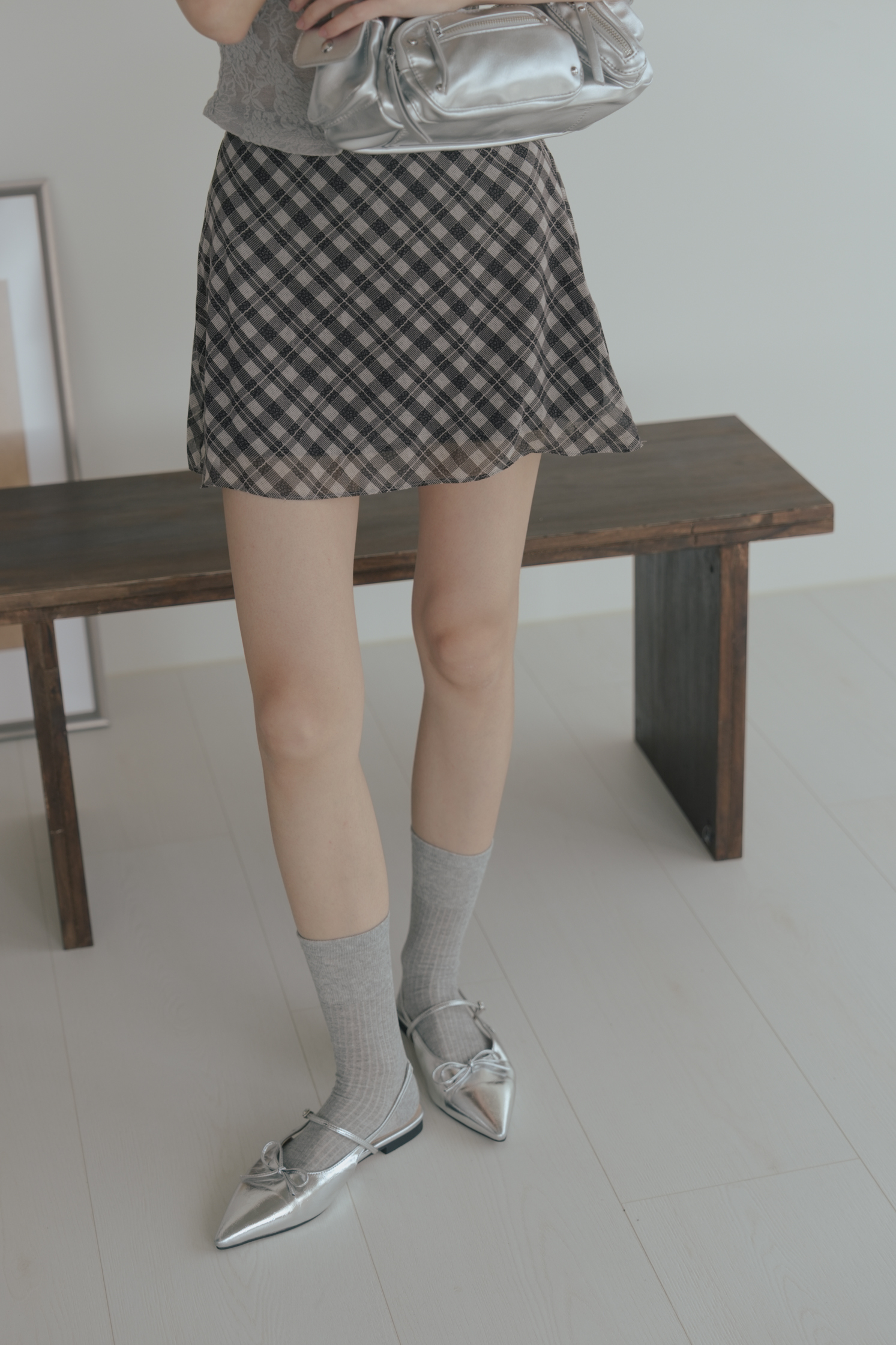 Check Mini Chiffon Skirt #短裙