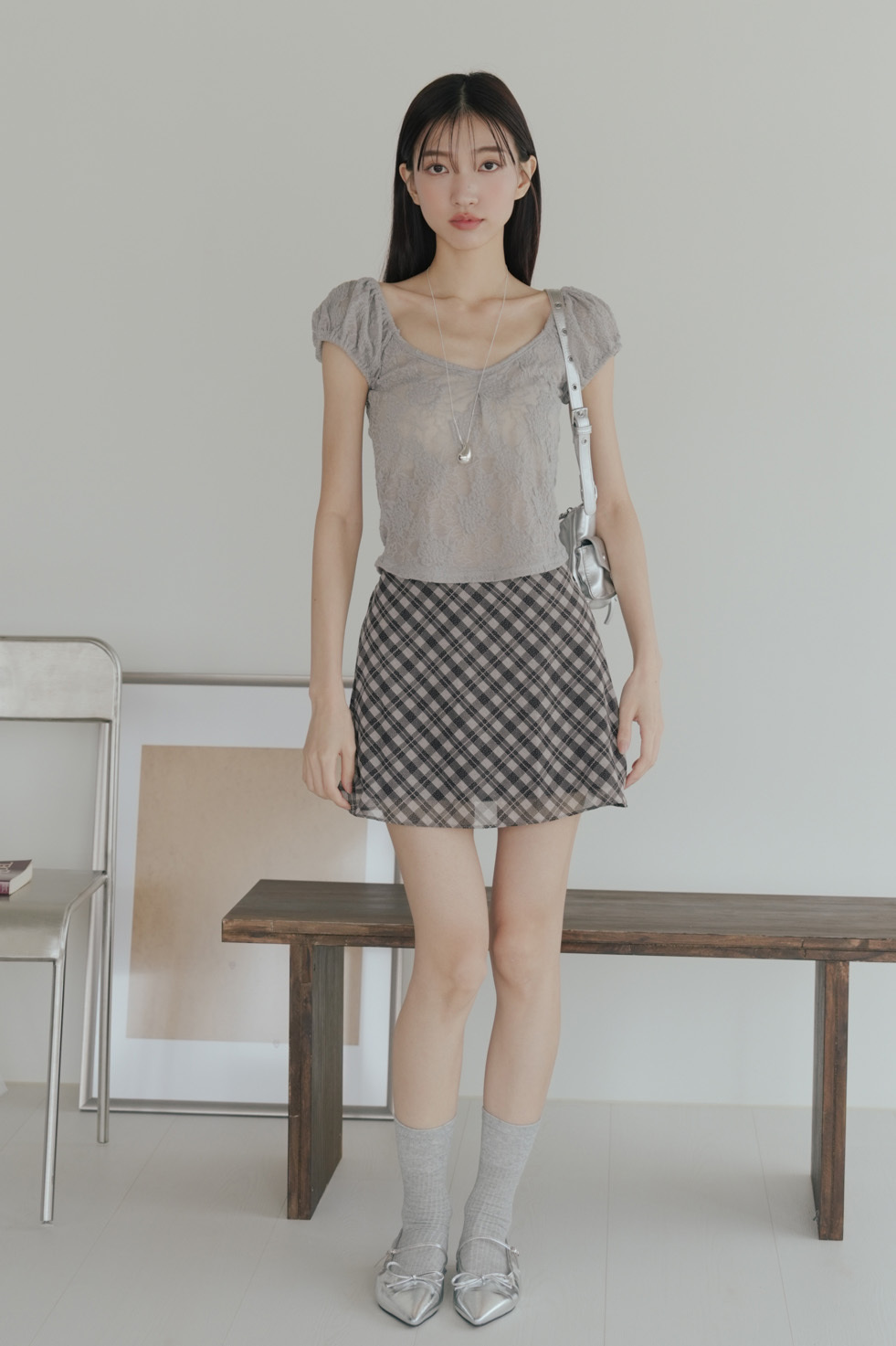 Check Mini Chiffon Skirt #短裙