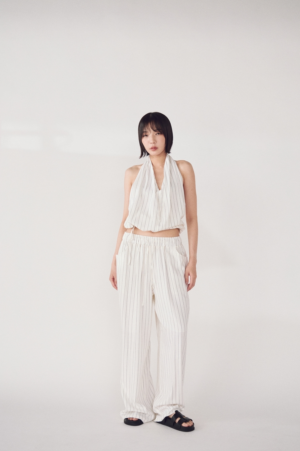 簡約條紋鬆緊寬褲-米白
