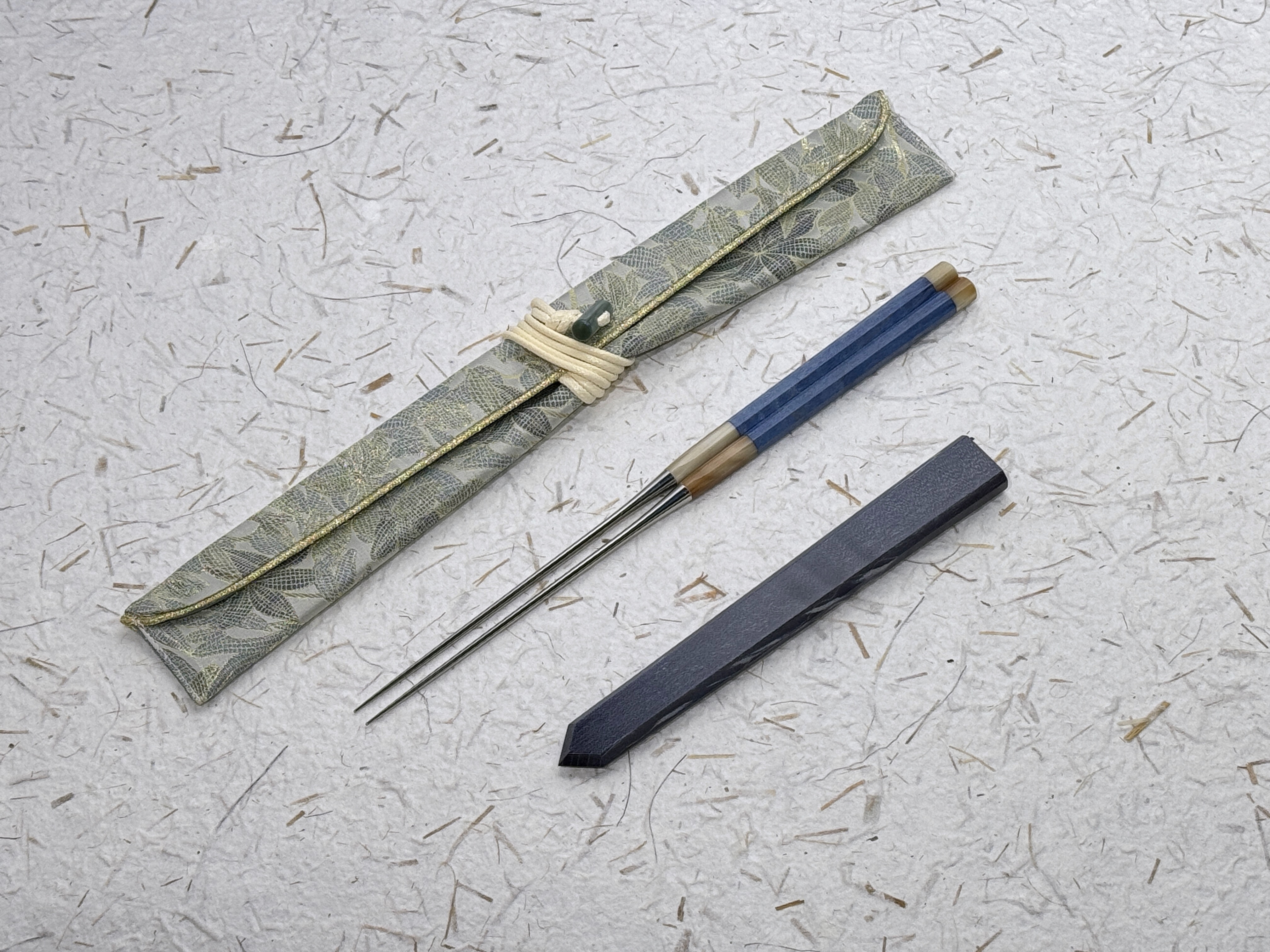 初心 藍色穩定化木 盛箸套裝 西陣織收納袋付