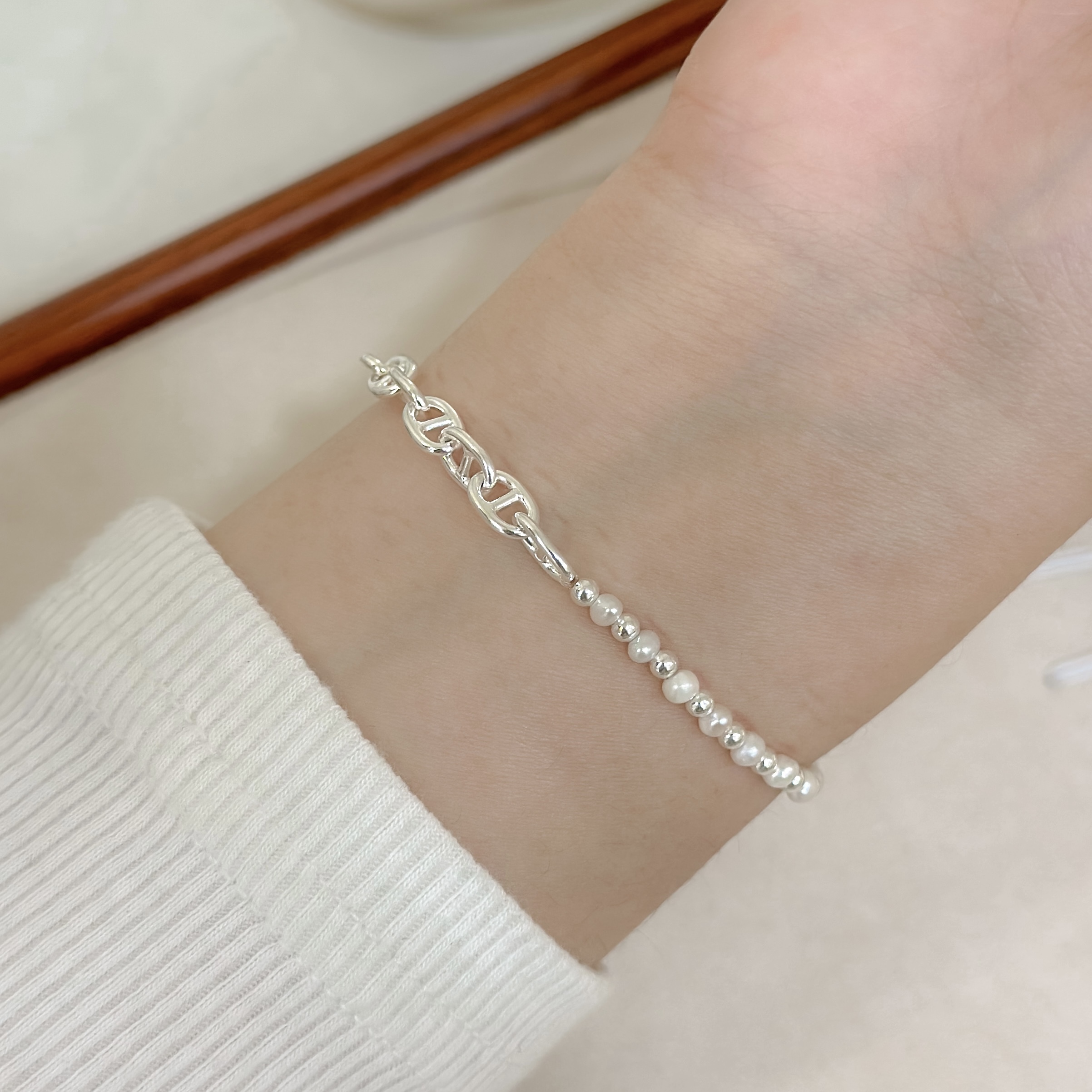 U28珍珠豬鼻純銀手鍊