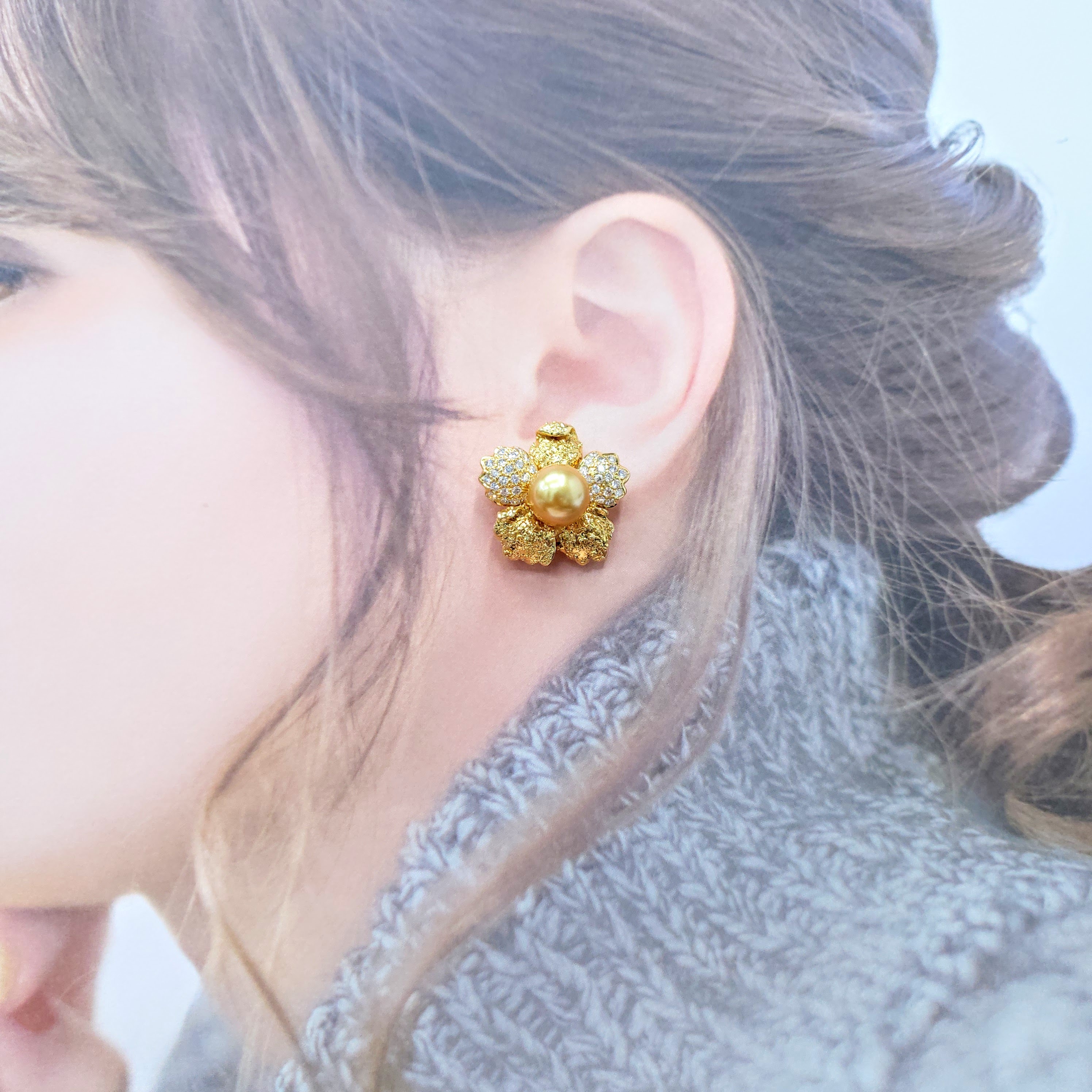 18K Yellow Gold Pearl and Diamond Earrings