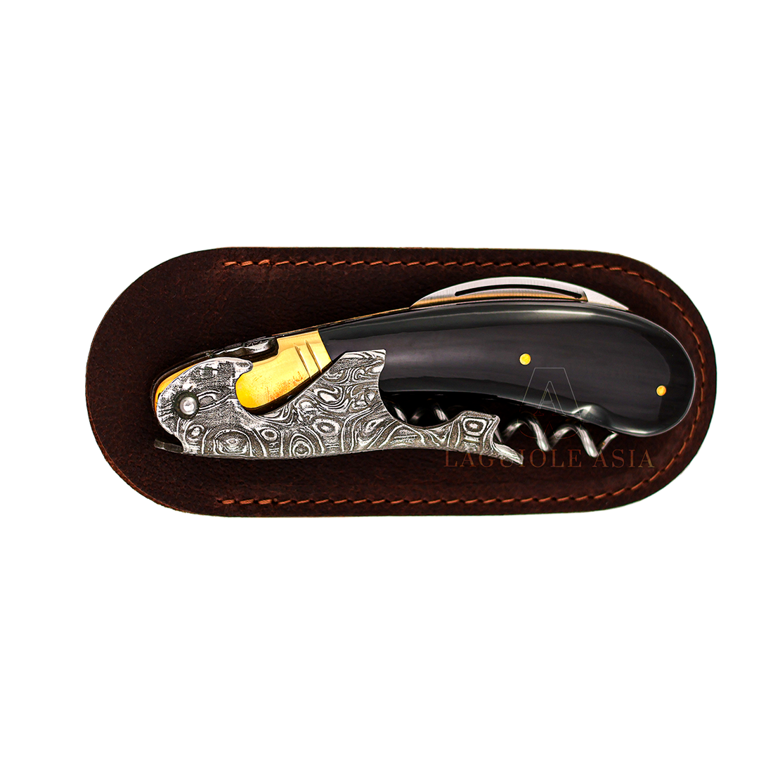 LAGUIOLE MAGNUM ⋆ 大馬士革鋼 ⋆ 鑲嵌黃銅 ⋆ 黑水牛角酒刀