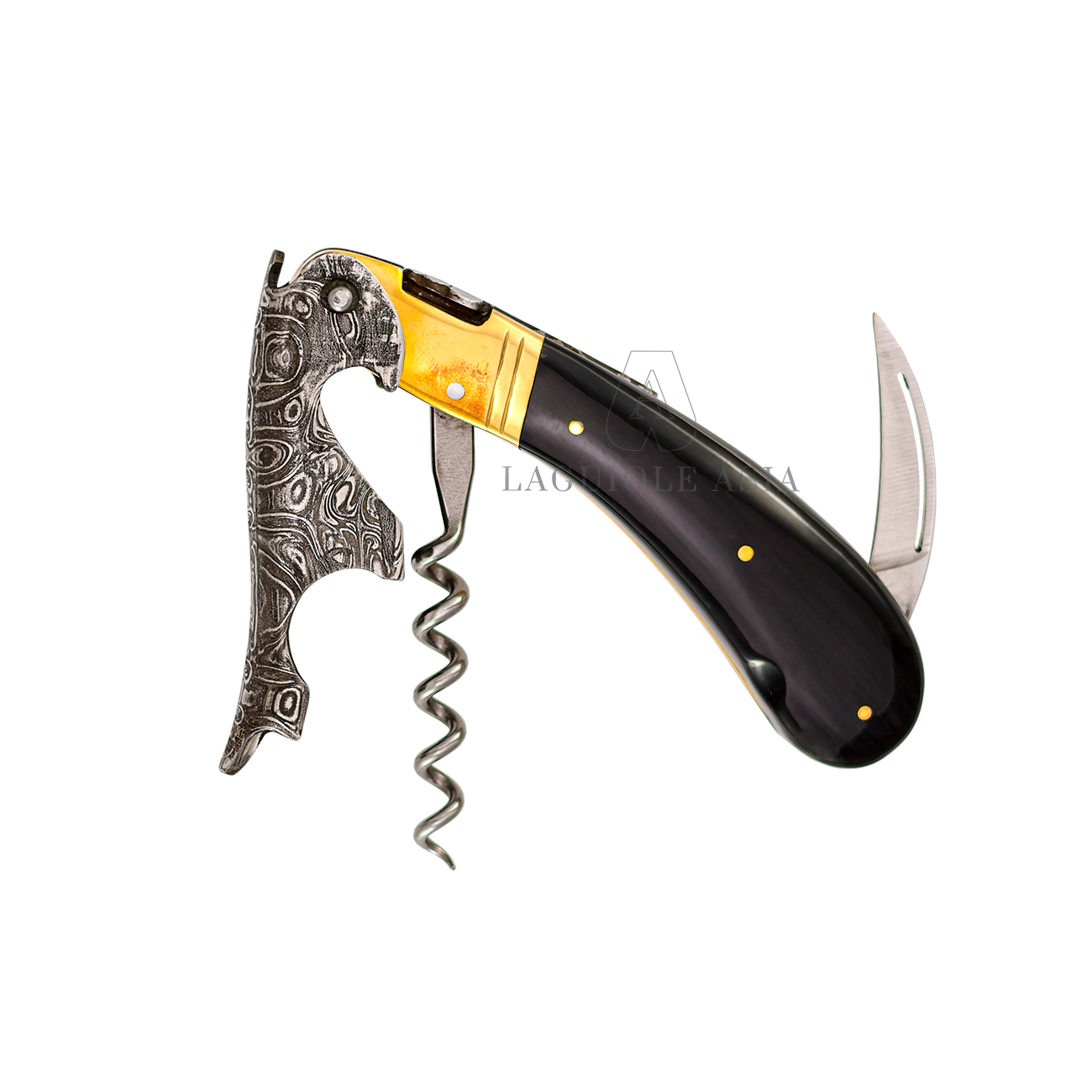 LAGUIOLE MAGNUM ⋆ 大馬士革鋼 ⋆ 鑲嵌黃銅 ⋆ 黑水牛角酒刀