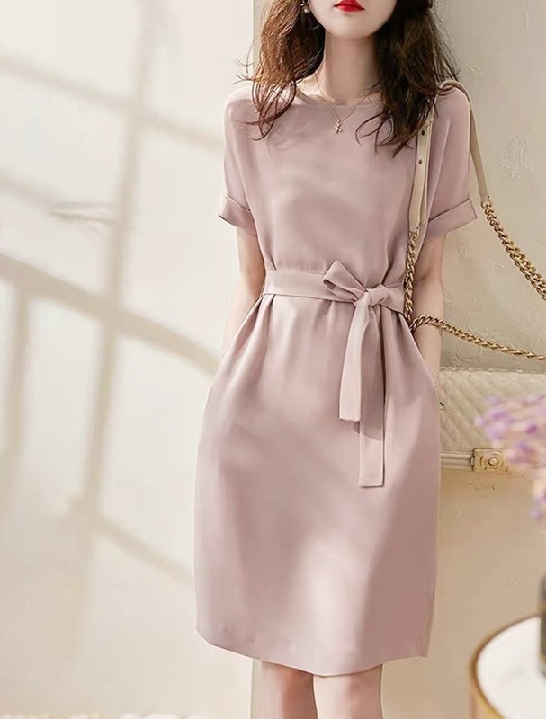 褶袖綁帶雪紡洋裝 粉色