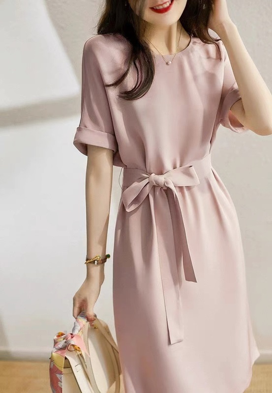 褶袖綁帶雪紡洋裝 粉色