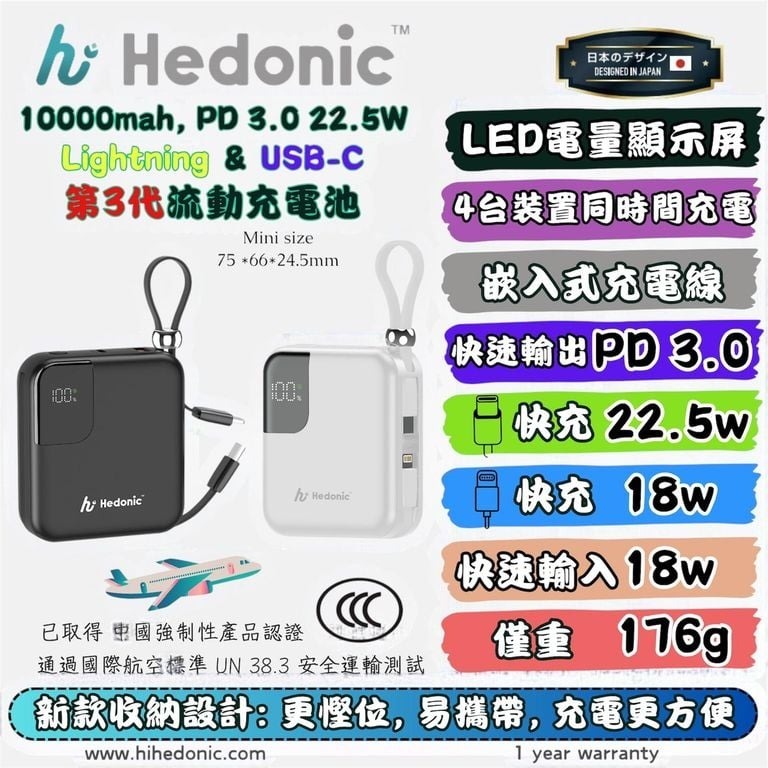 Hedonic 10000mAh PD 3.0 流動充電池 CCC /3C認證 (H6 KA934)