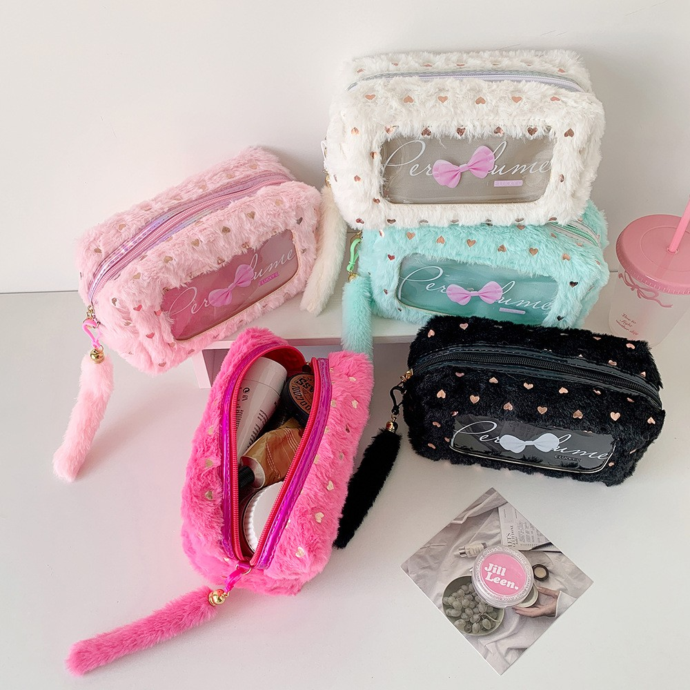Minimalist Bow Plush Large-Capacity Pencil Case