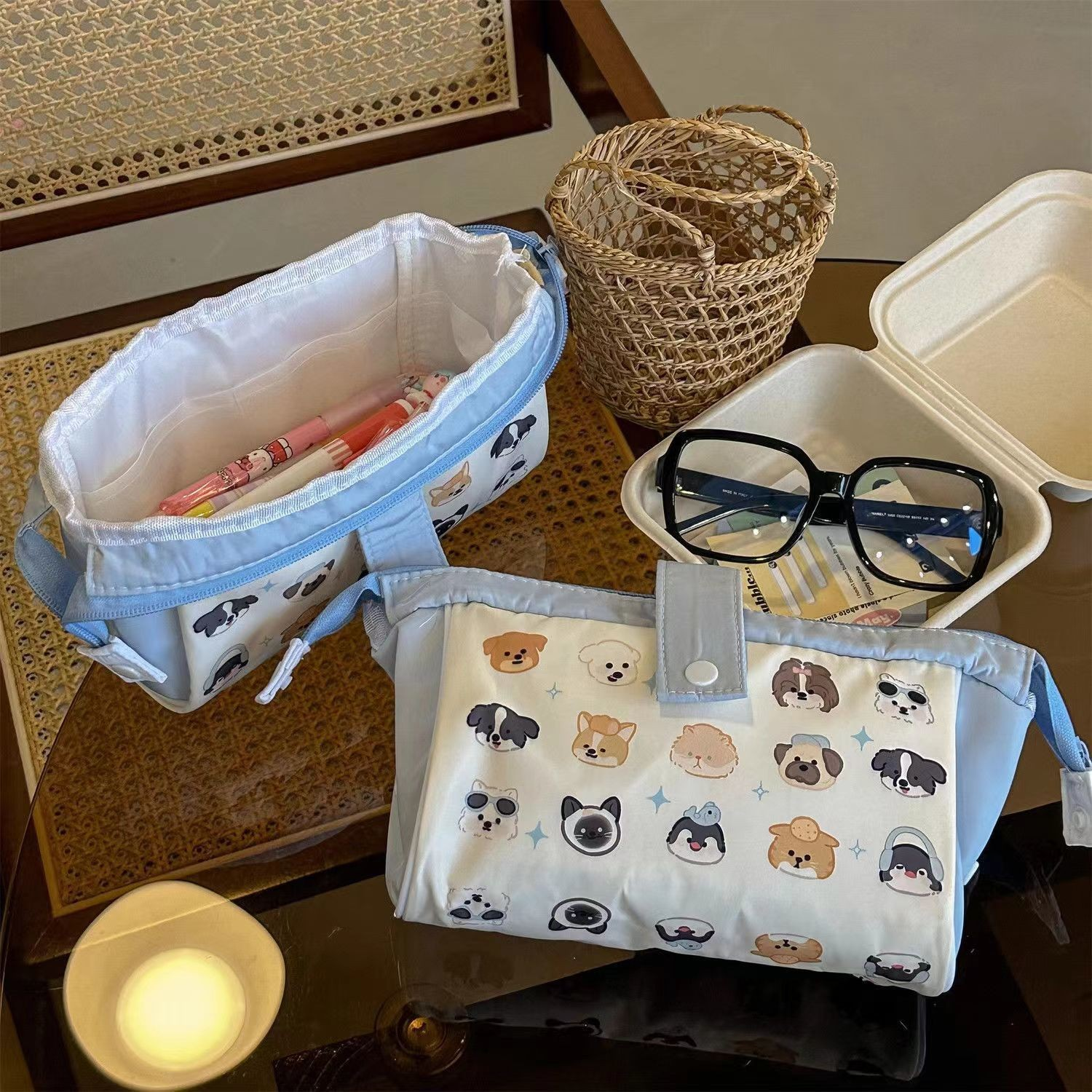 Japanese-Style Puppy-Cat Print Storage Pouch & Pencil Case