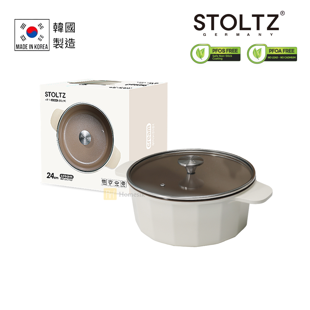 韓國製 24CM 多邊形雙耳湯鍋連玻璃蓋 (奶油白) CR NTLS-24 (電磁爐及明火均適用)