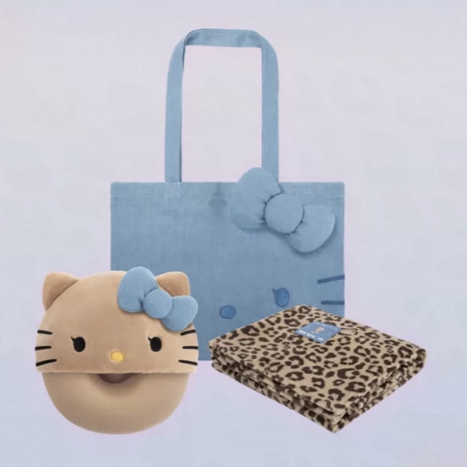 HELLO KITTY X TBH U型枕毯子帆布袋三件組旅行套裝黑皮凱蒂貓代購