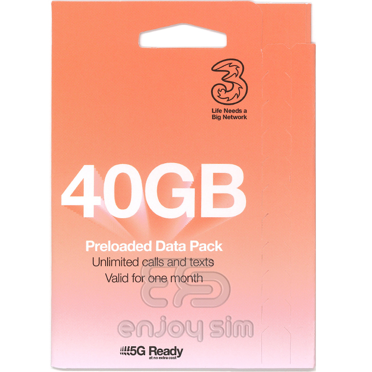 3UK - 【英國及歐洲70+國家地區】(40GB / 100GB / 200GB / Unlimited) 5G上網數據Sim卡