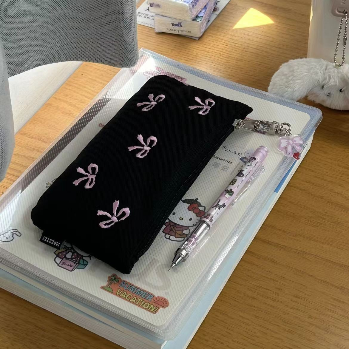 Black Pencil Case with Embroidered Bow