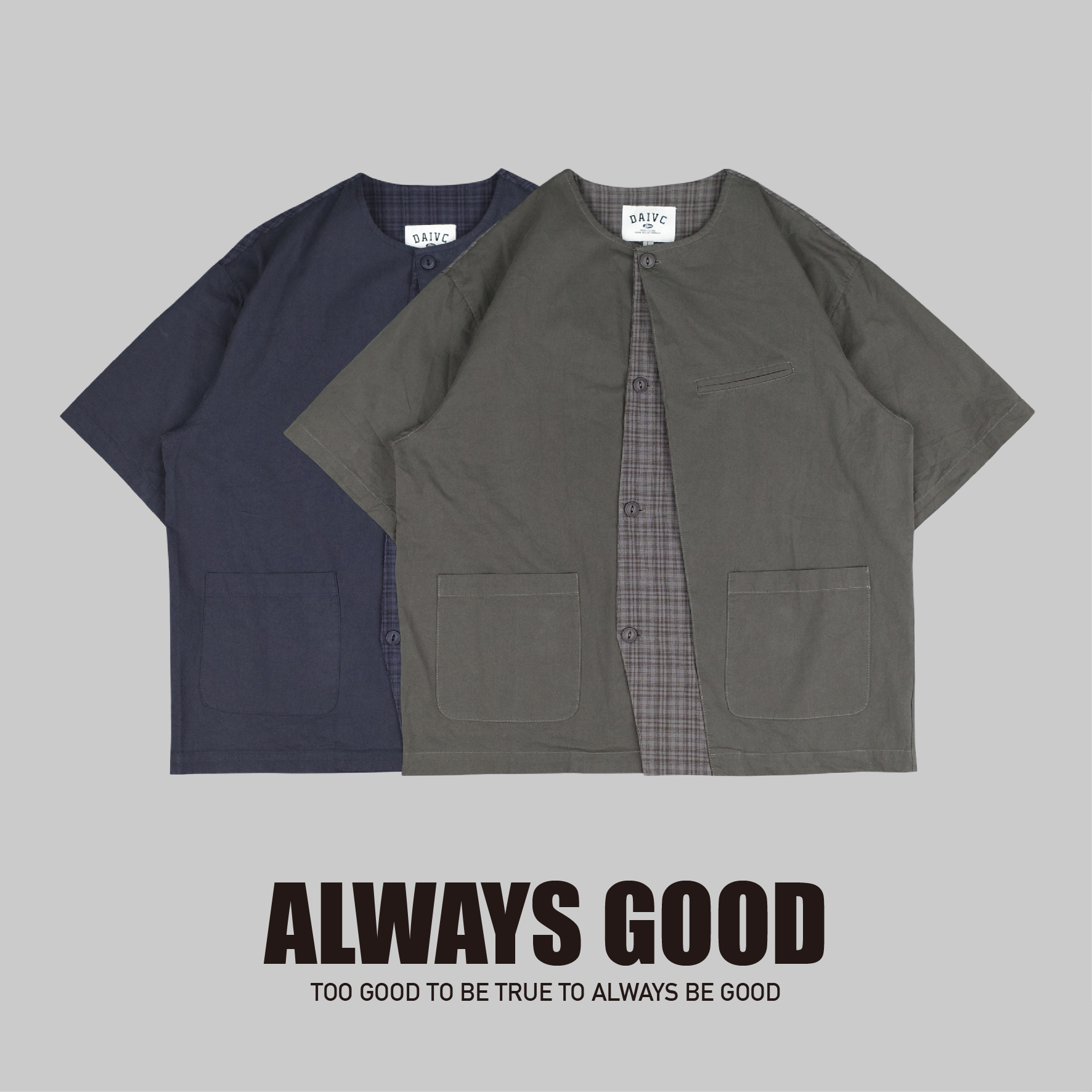 『Always_Good』日系 多口袋 不規則拼接 格紋 無領 工裝 短袖襯衫