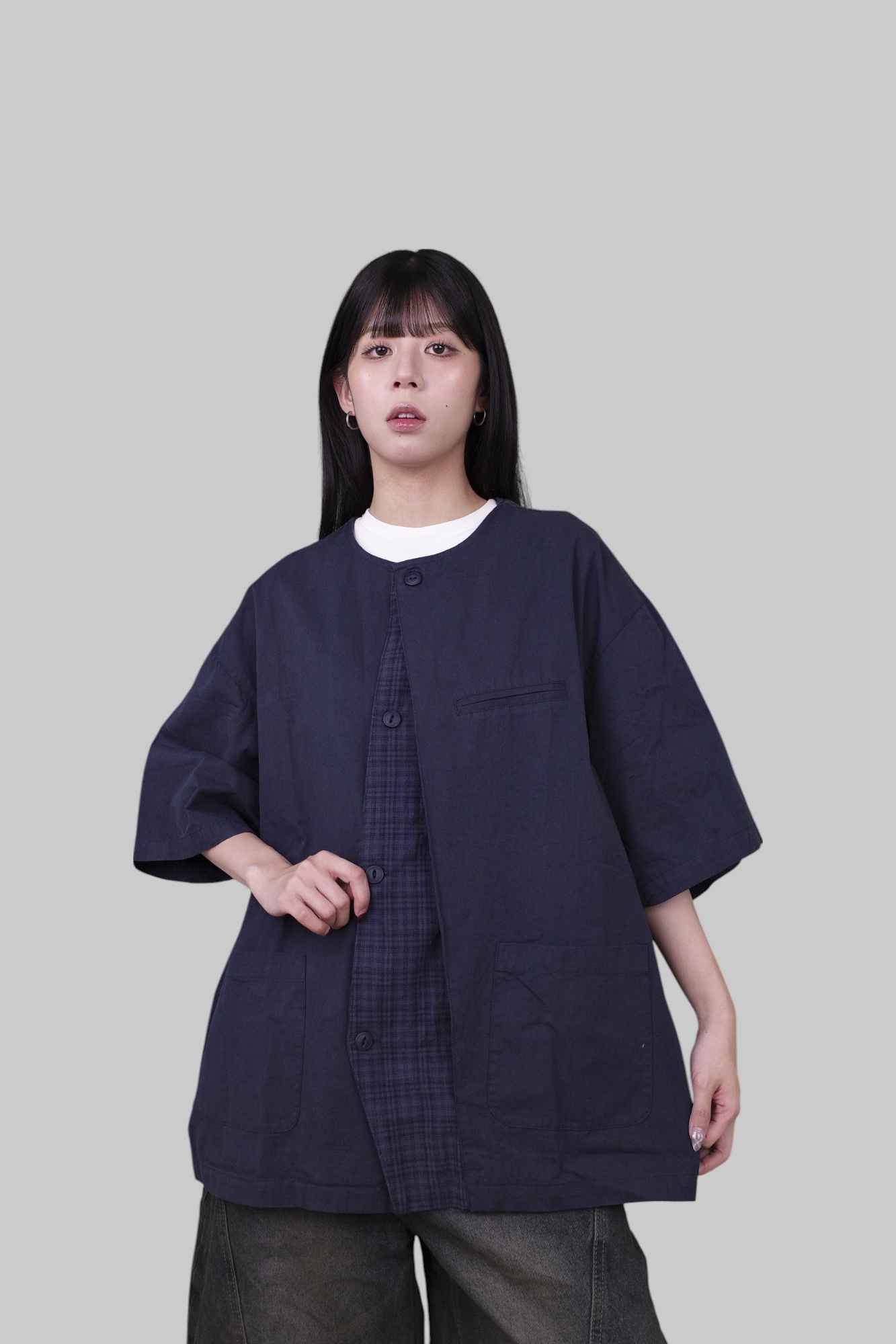 『Always_Good』日系 多口袋 不規則拼接 格紋 無領 工裝 短袖襯衫