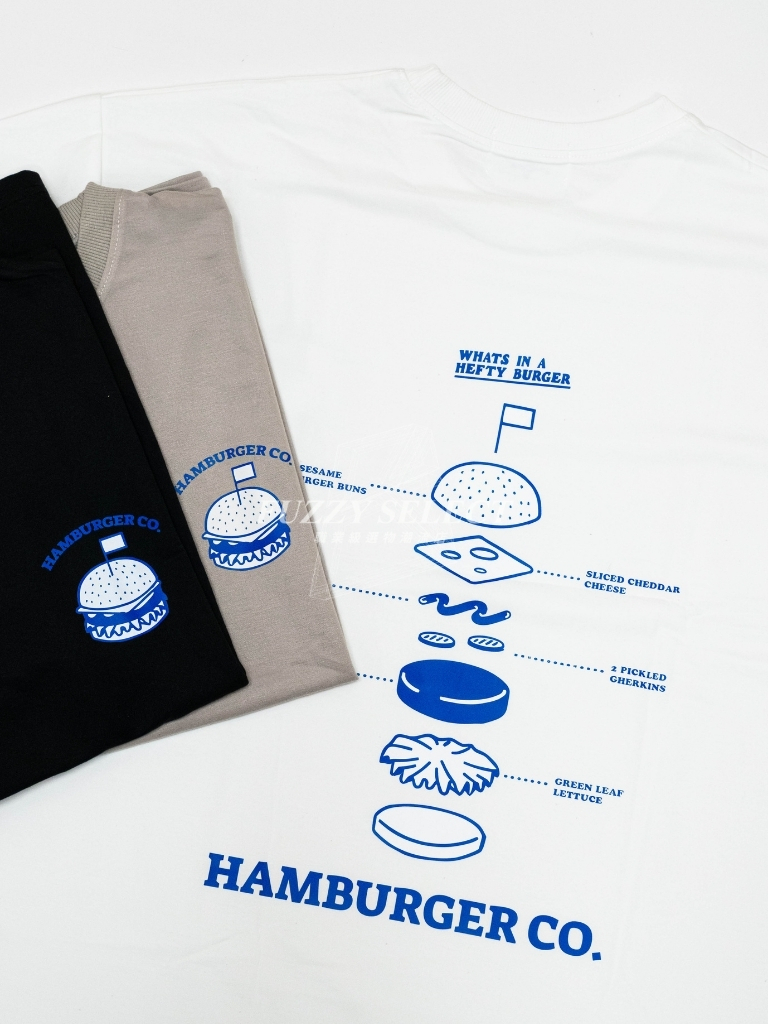 【逢甲FUZZY】Hamburger 漢堡 Tee 潮流 日常 美式 圖案 Logo 短T 短Tee 黑 白 水泥灰