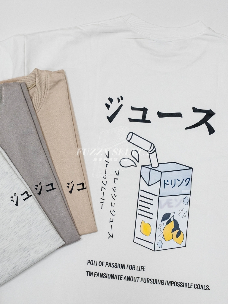【逢甲FUZZY】檸檬飲 日文 Tee 潮流 日常 日式 圖案 Logo 短T 短Tee 白 雪花白 水泥灰 卡其