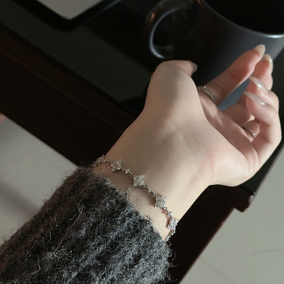 18k ap”monaco白金滿星鑽四葉草高奢定製手鍊