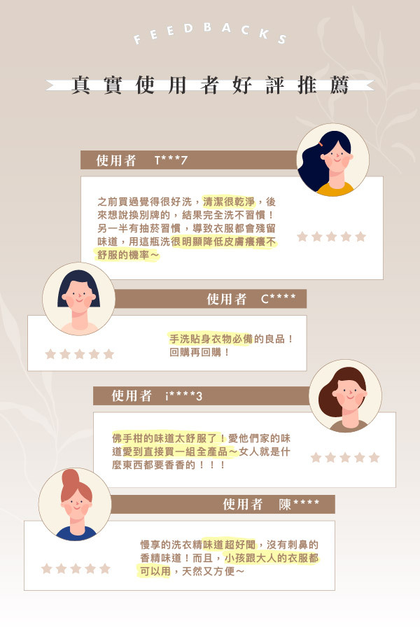 使用者 T*7** 之前買過覺得很好洗,清潔很乾淨,後來想說換別牌的,結果完全洗不習慣! 另一半有抽菸習慣,導致衣服都會殘留味道,用這洗洗很明顯降低皮膚癢不舒服的機率~ 使用者 C**** 手洗貼身衣物必備的良品!回購再回購! 使用者 i*3 佛手柑的味道太舒服了!要他們家的味道要到直接買一組全產品~女人就是什麼東西都要香香的!!! 使用者 陳**** 悅享的洗衣精味道超好聞,沒有刺鼻的香精味道,而且,小孩跟大人的衣服都可以用,天然又方便~