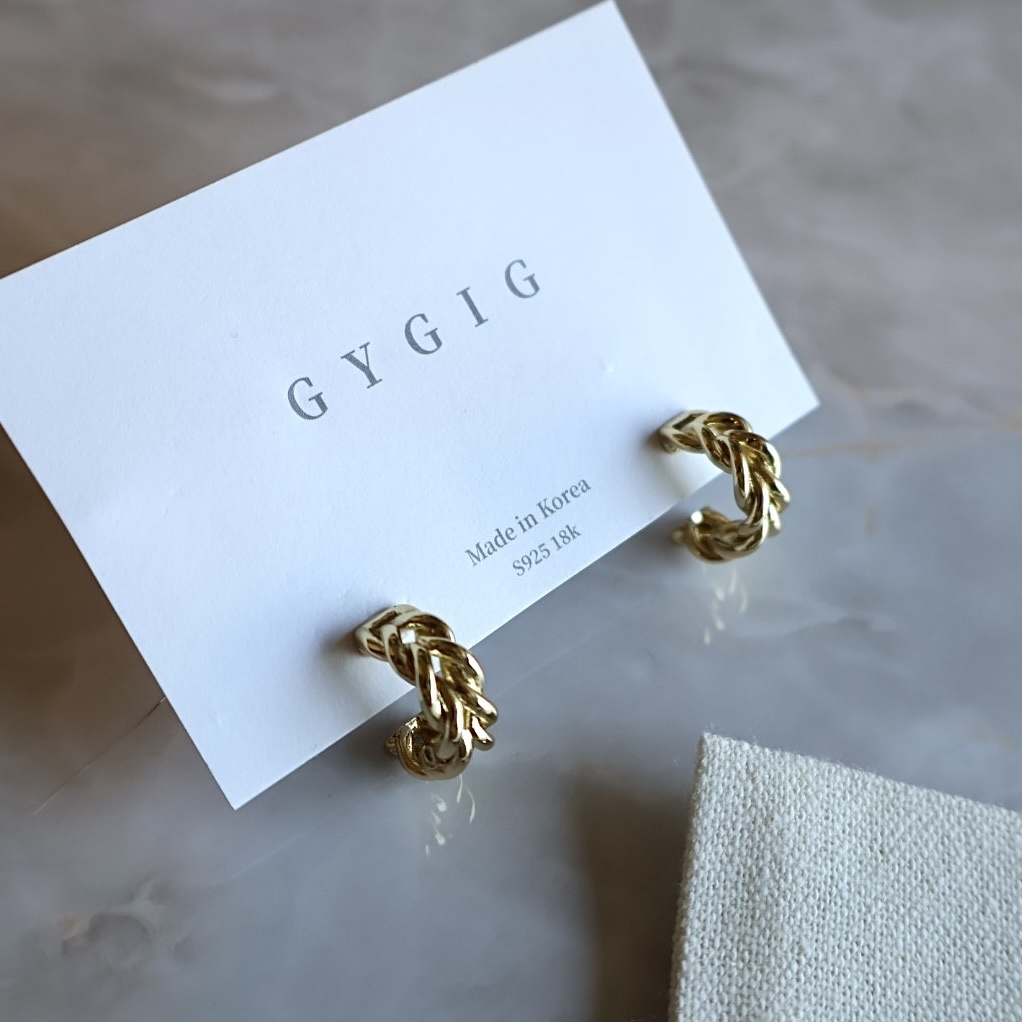 金銀麻花編織小c耳圈+贈麻花墜鍊金屬耳掛組合