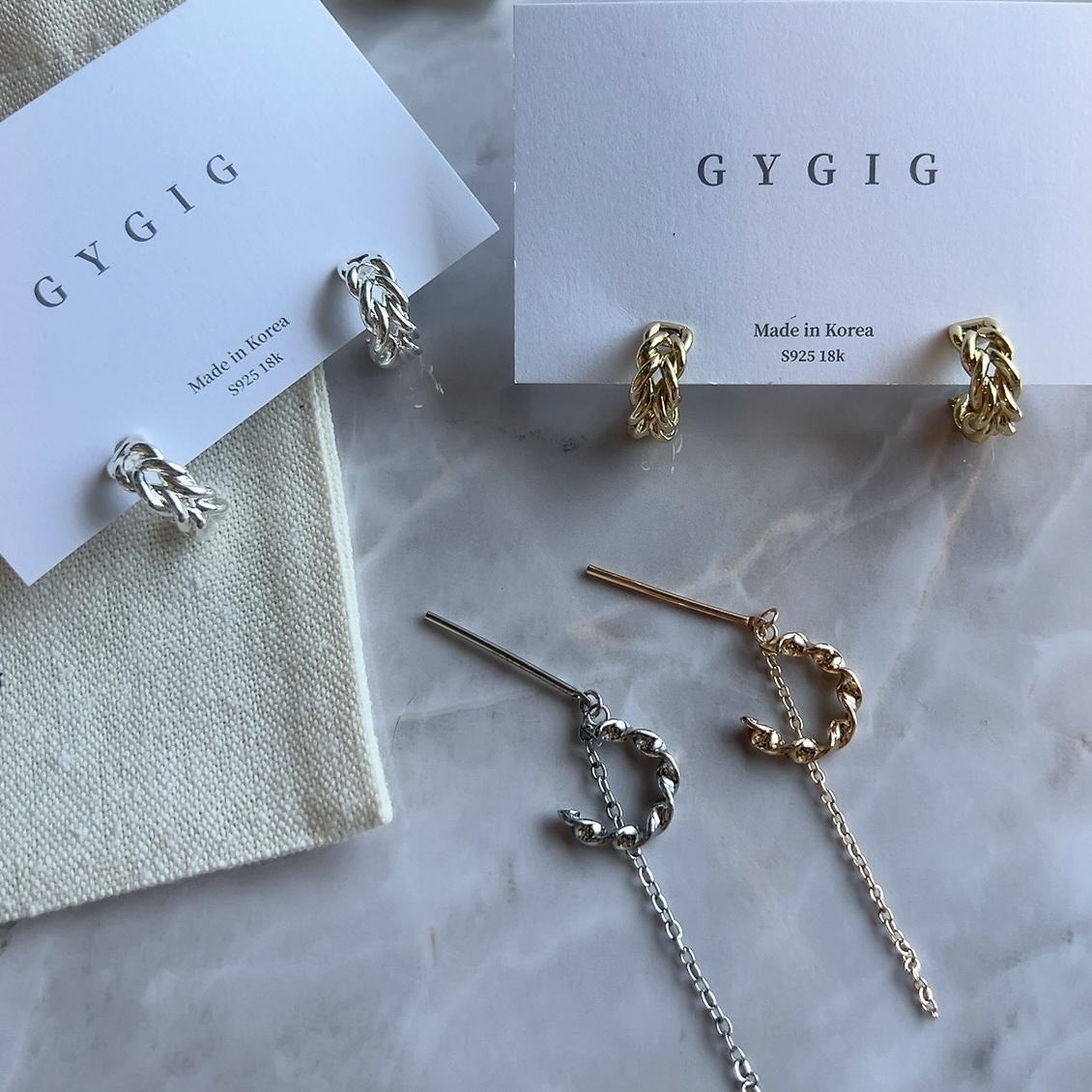 金銀麻花編織小c耳圈+贈麻花墜鍊金屬耳掛組合