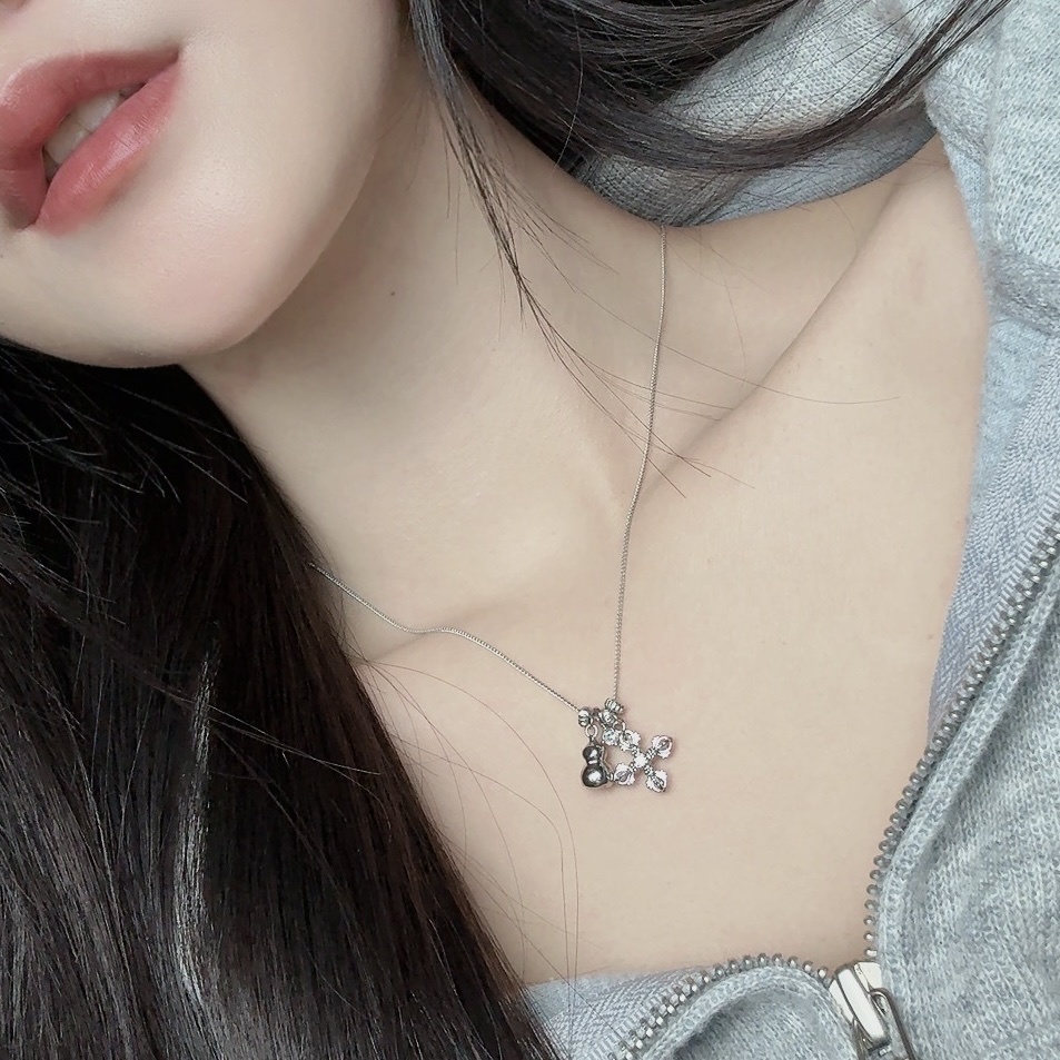 Gy 925白金銀鑽十字小鑽墜環”小葫蘆多墜項鍊