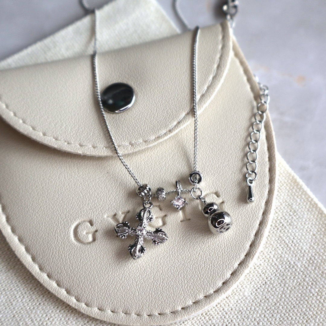 Gy 925白金銀鑽十字小鑽墜環”小葫蘆多墜項鍊