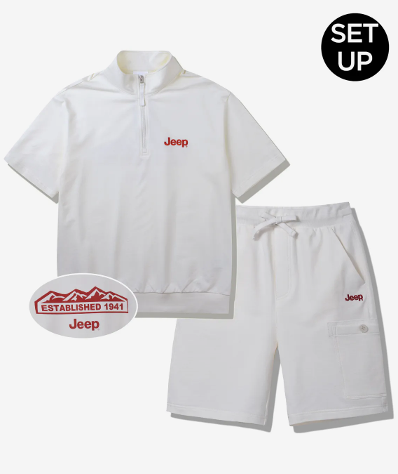 JEEP 吉普  JEEP LOGO 半拉鍊短袖套裝  白色    JUL25