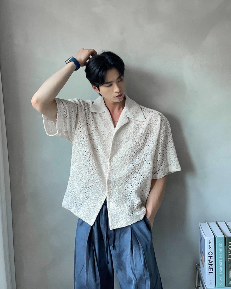 Aden線條花卉短袖襯衫