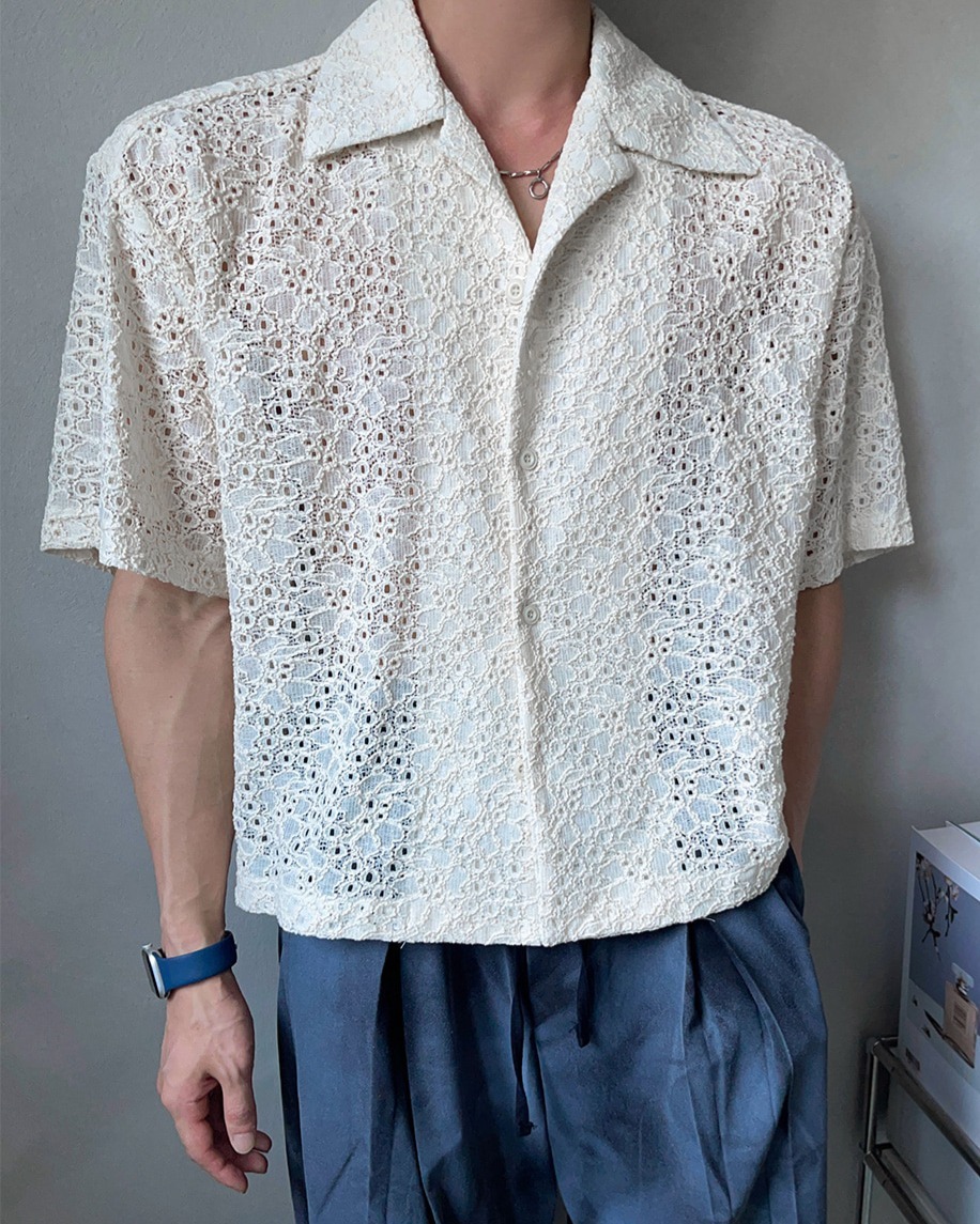 Aden線條花卉短袖襯衫