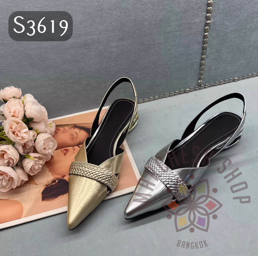 S3619 - 牛皮壓紋一字帶尖頭特色高踭涼鞋