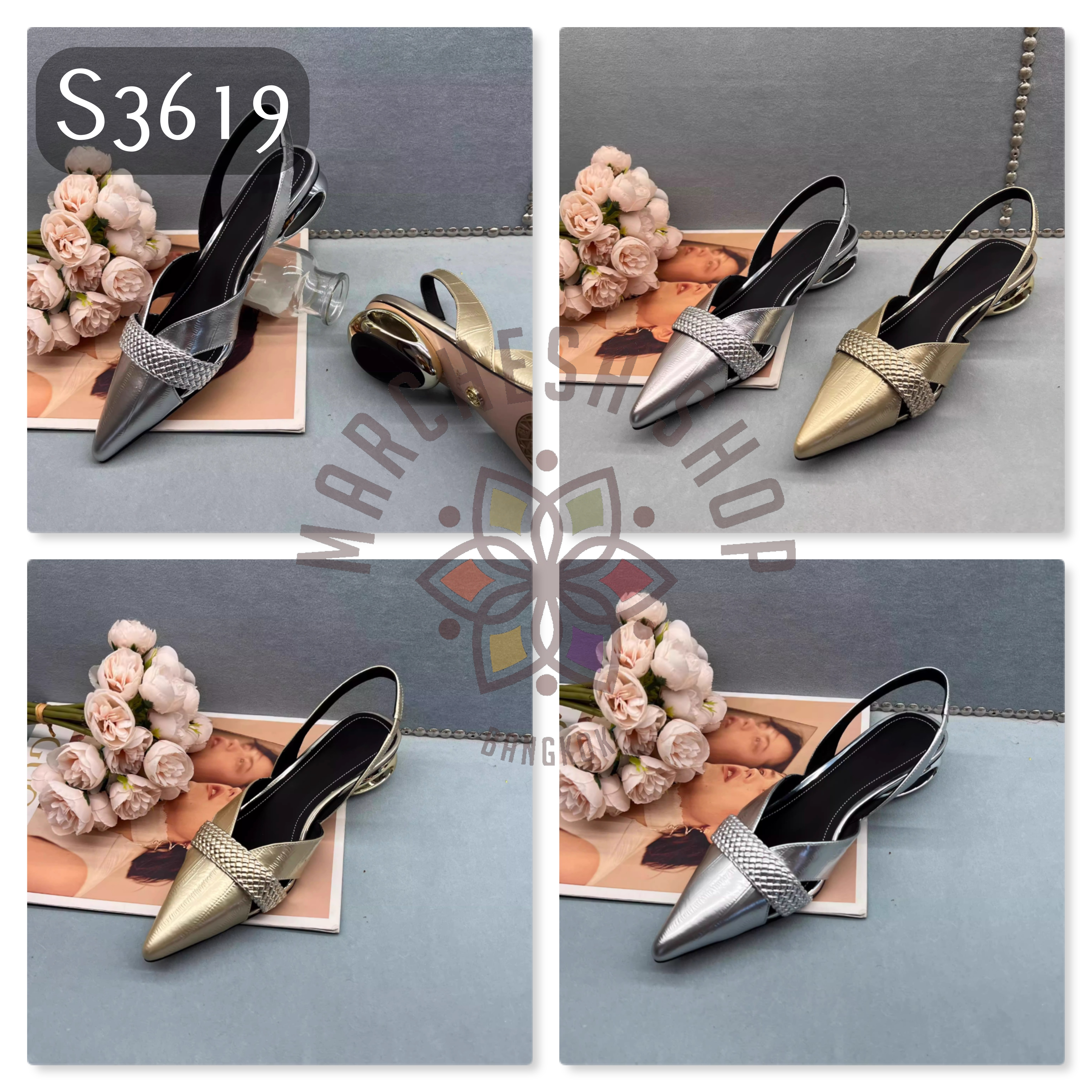 S3619 - 牛皮壓紋一字帶尖頭特色高踭涼鞋