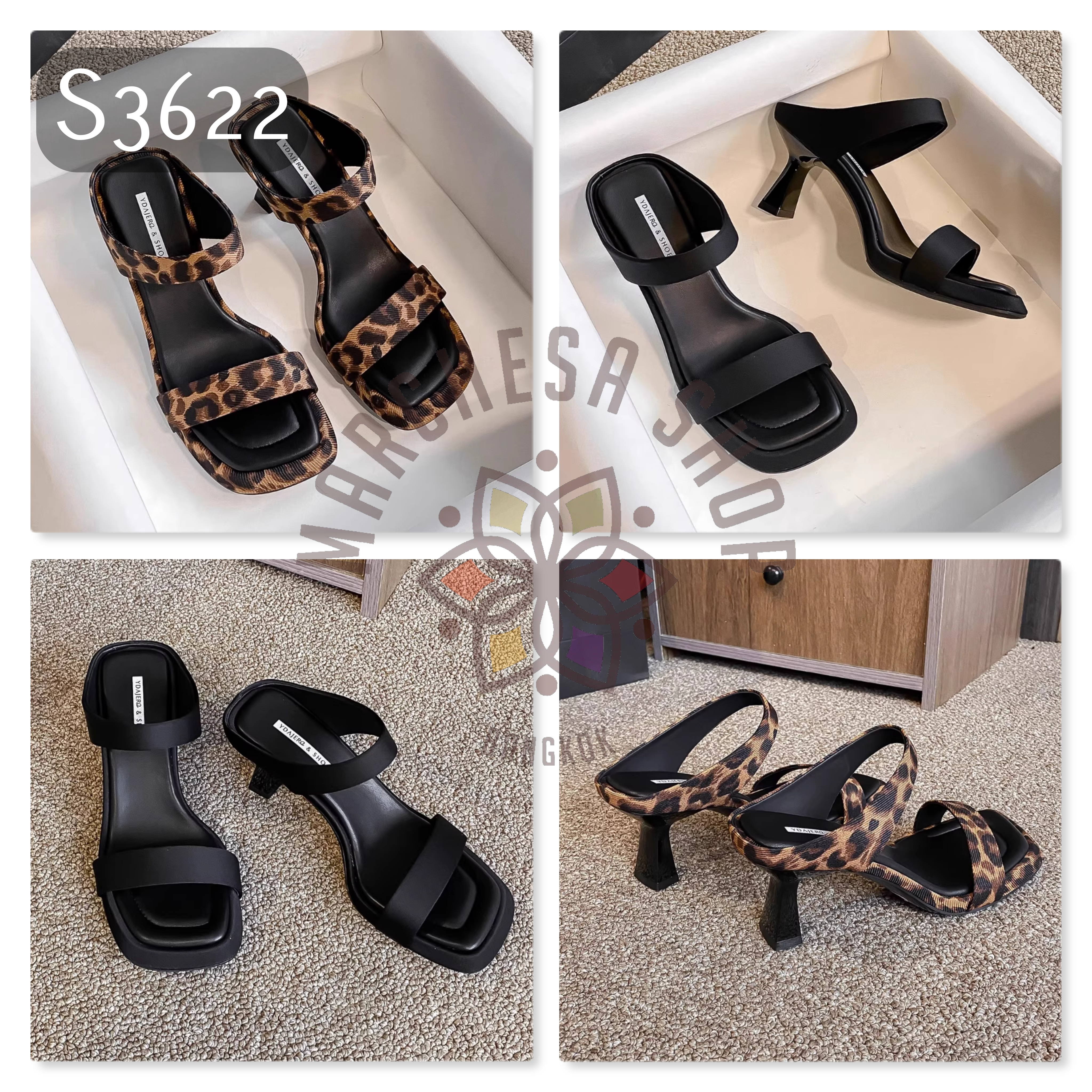 S3622 - 牛皮網布"踩屎感"高踭涼鞋