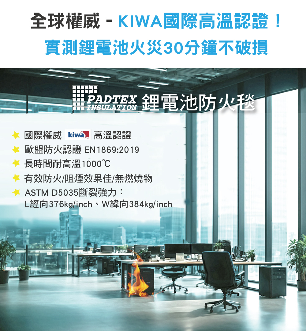 Padtex鋰電池防火毯,鋰電池耐熱度認證合格