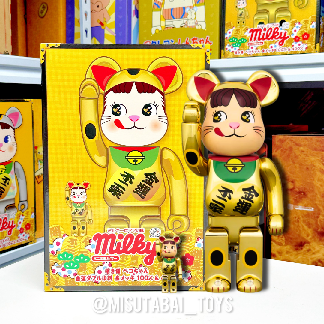 100%+400% BE@RBRICK Maneki Neko Peko-chan: Lucky Money Double Oval Gold Plated (招き猫 ペコちゃん 金運 ダブル小判 金メッキ)