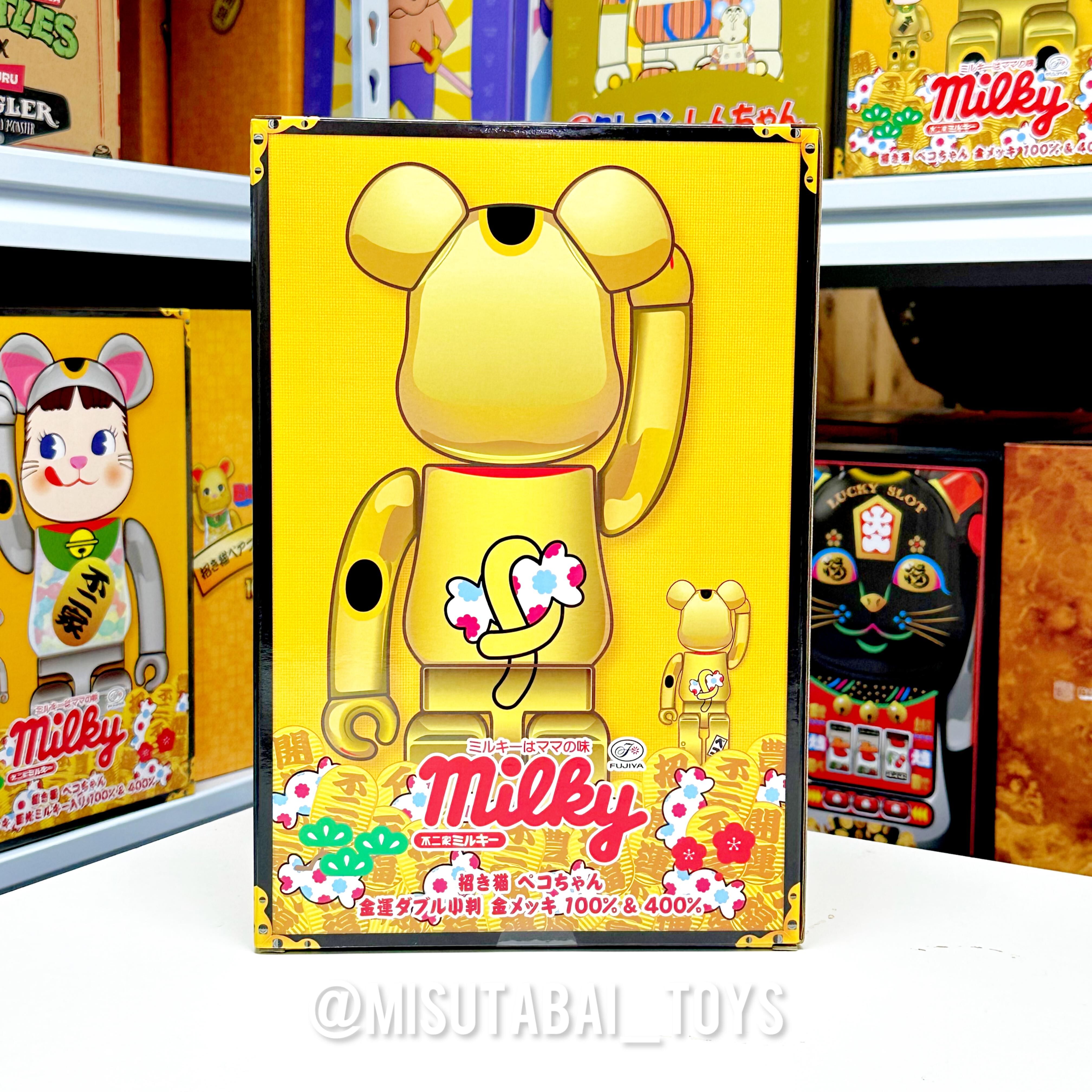 100%+400% BE@RBRICK Maneki Neko Peko-chan: Lucky Money Double Oval Gold Plated (招き猫 ペコちゃん 金運 ダブル小判 金メッキ)