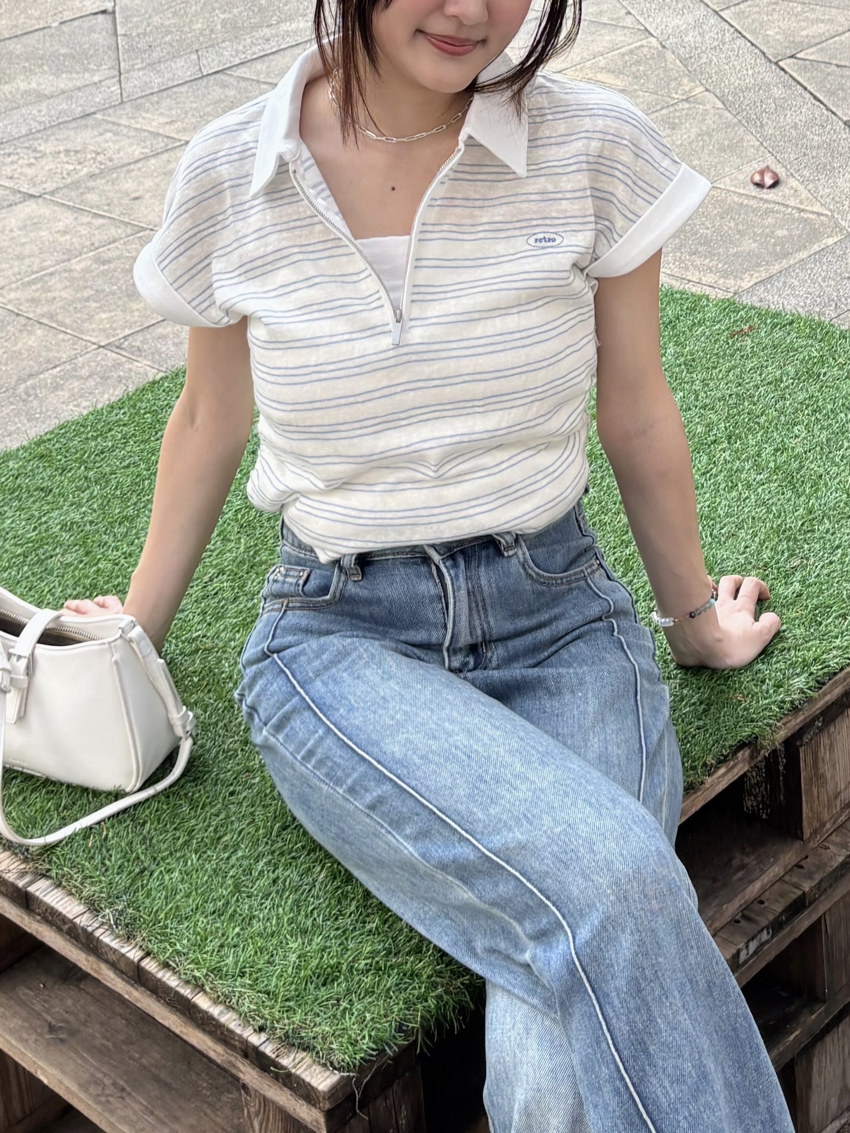 |現貨|翻領休閒條紋側皺拉鍊上衣(3色)