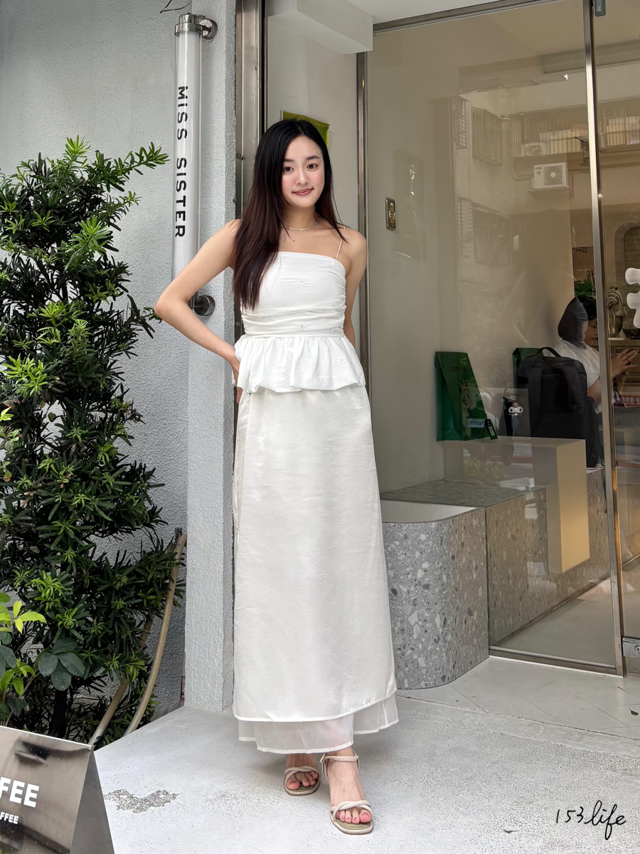 |現貨|緞面珠光拼紗兩件式長裙(2色)