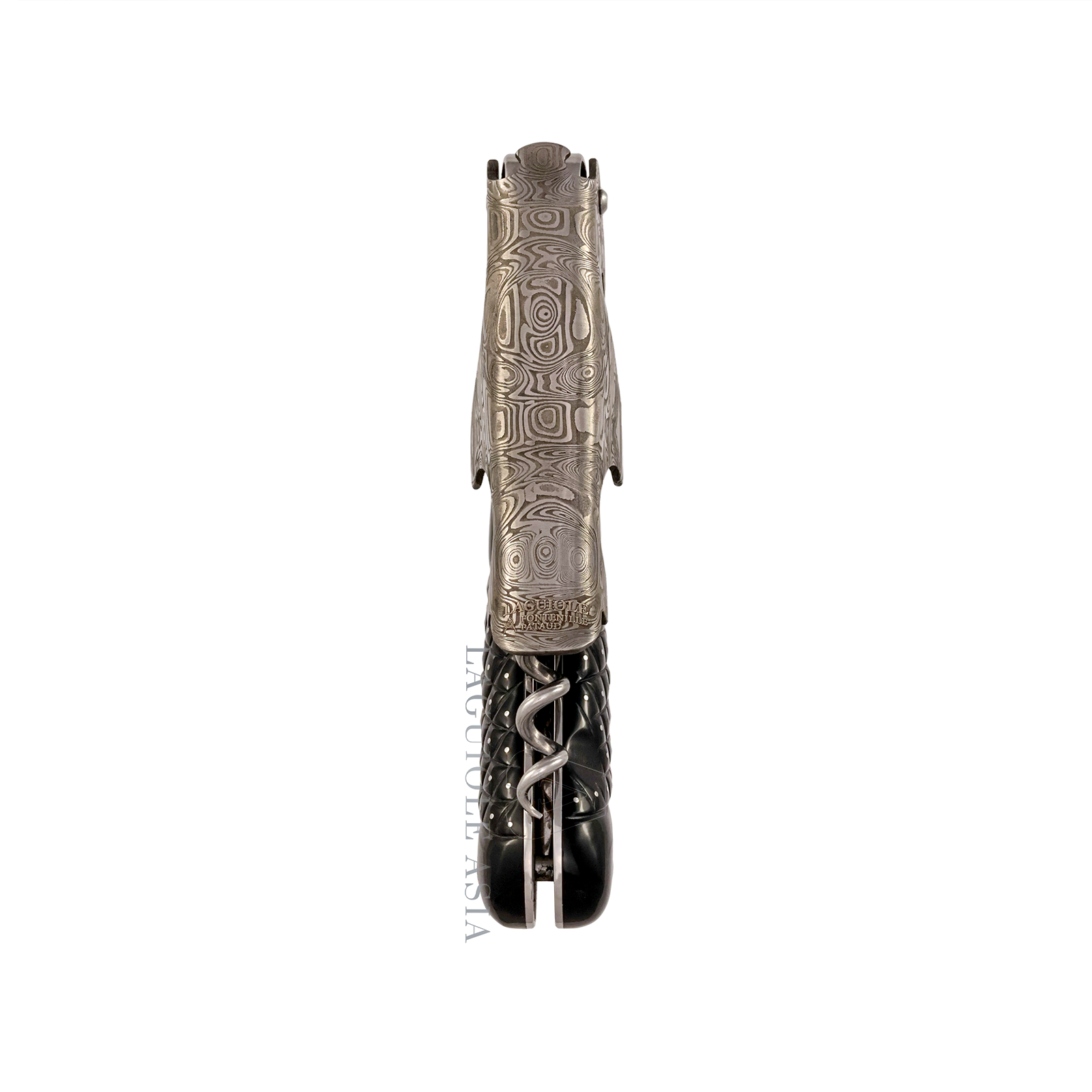 LAGUIOLE MAGNUM ⋆ 大馬士革鋼 ⋆ 菱刻紋點針鑲釘手柄 ⋆ 黑牛角酒刀