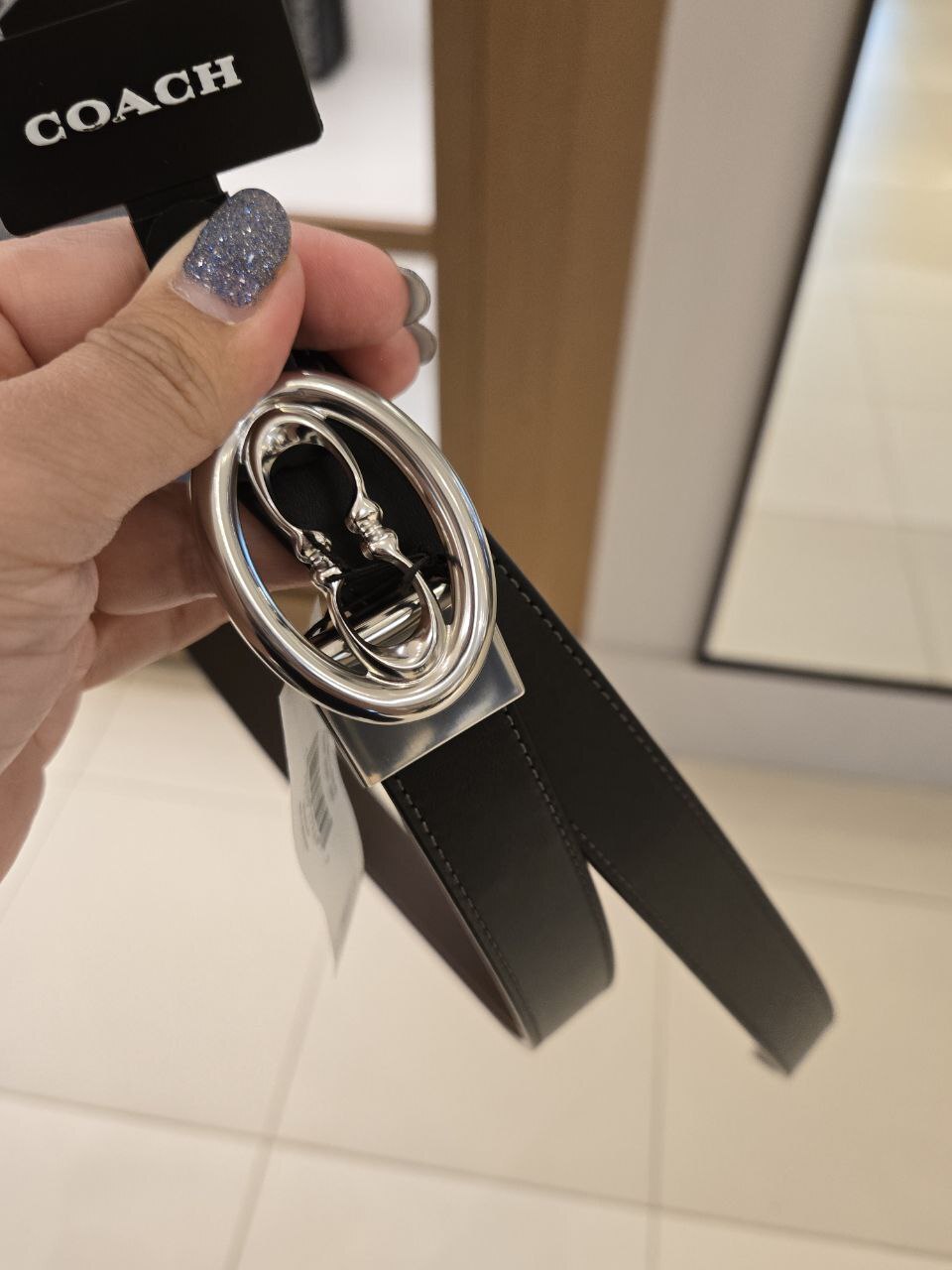 [U] COACH BLACK/SILVER CZ444 WOMEN'S 25 CTS KSS C LTHR BELT, 196395779697 (UCO108)