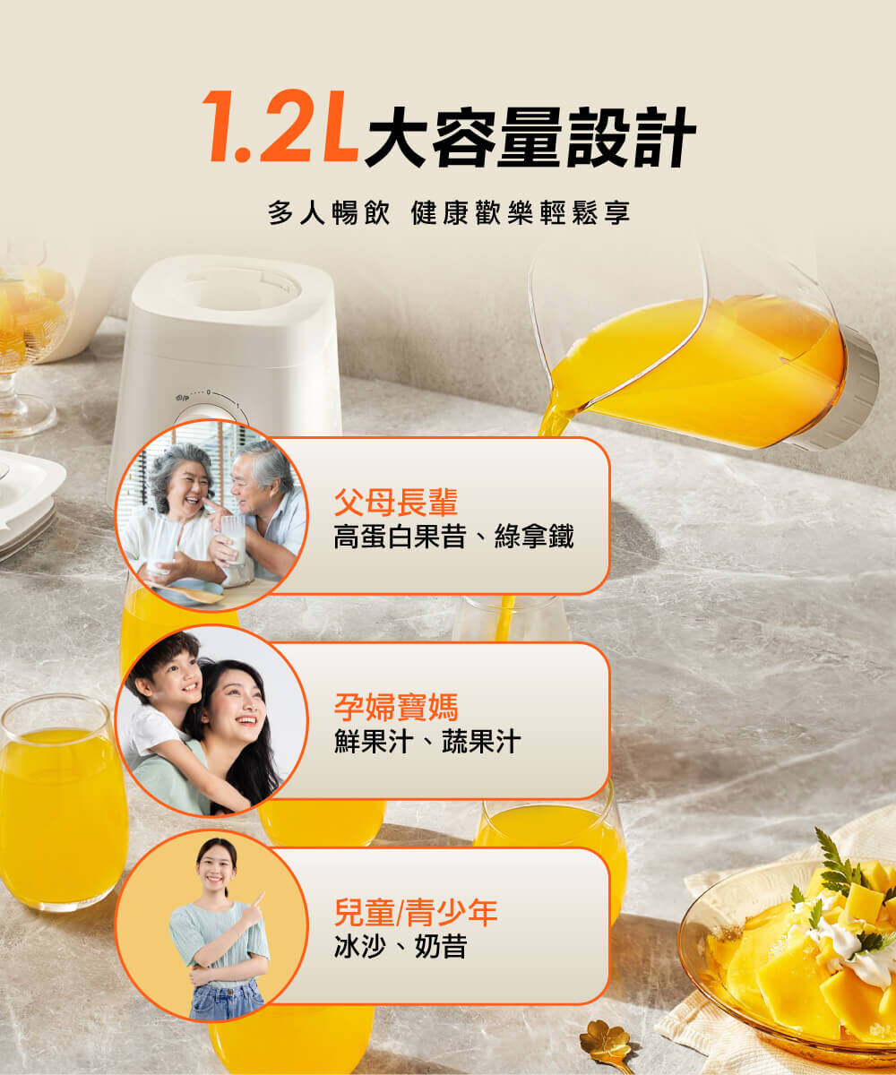 【1.2L大容量設計】多人暢飲，健康歡樂輕鬆享。父母長輩：高蛋白果昔、綠拿鐵；孕婦寶媽：鮮果汁、蔬果汁；兒童/青少年：冰沙、奶昔